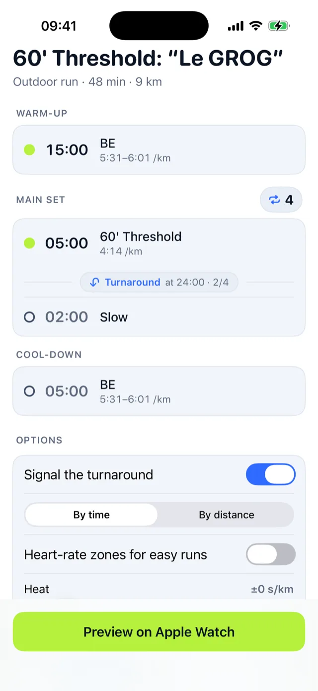 The imported workout in the Interlap app, ready to send